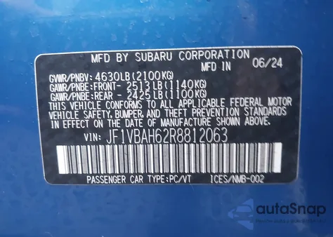 2024 Subaru Wrx Premium from USA, damaged, VIN JF1VBAH62R8812063